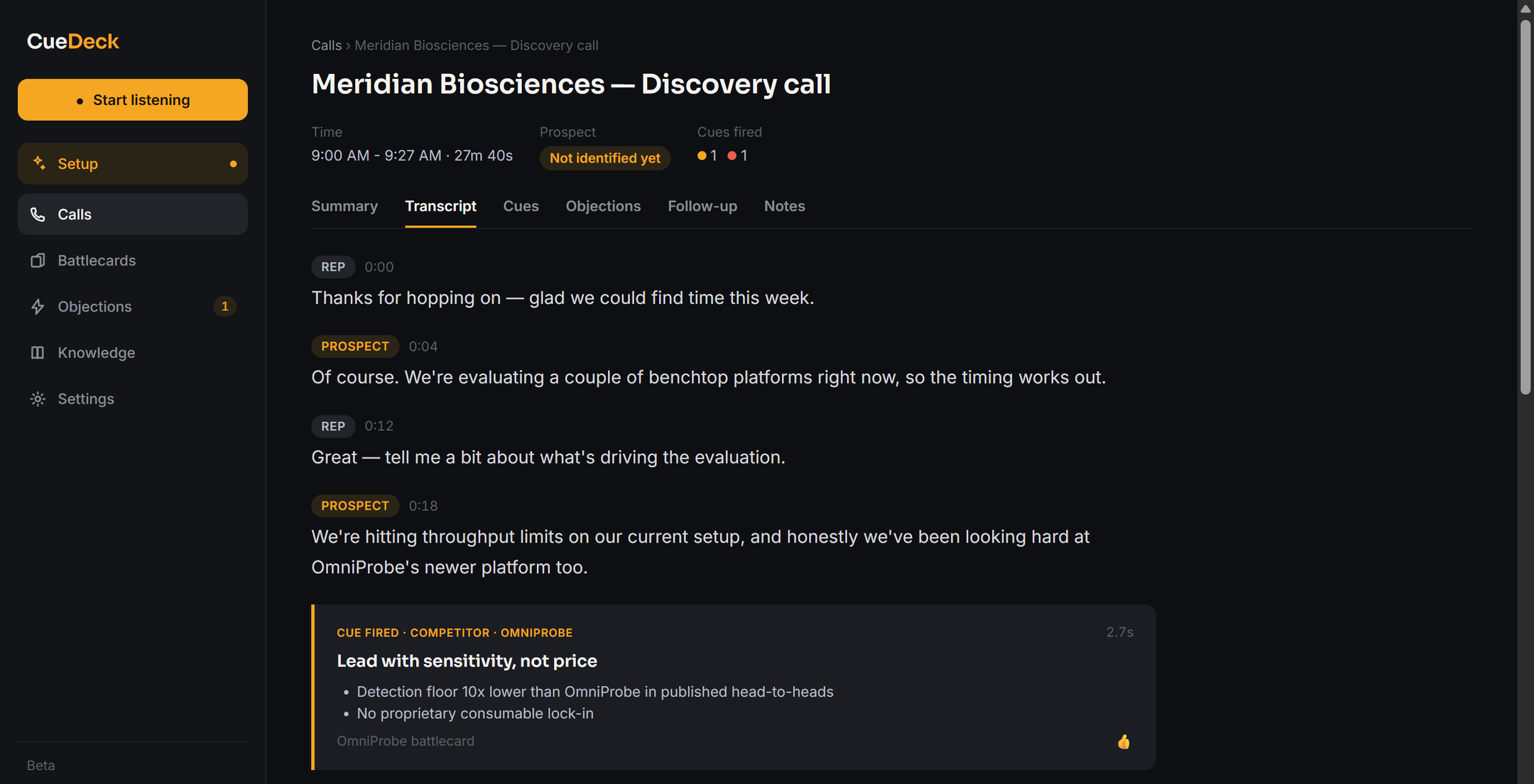 CueDeck call detail page with Summary, Transcript, Cues, Objections, Follow-up and Notes tabs, showing the transcript with a cue card rendered inline at the moment a competitor was mentioned, citing the battlecard it came from