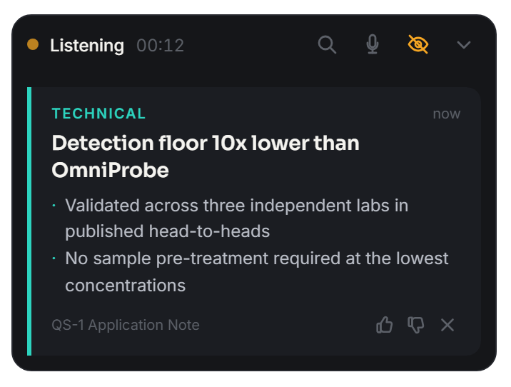 CueDeck HUD showing a technical cue card: 'Detection floor 10x lower than OmniProbe', with supporting bullets and the source document